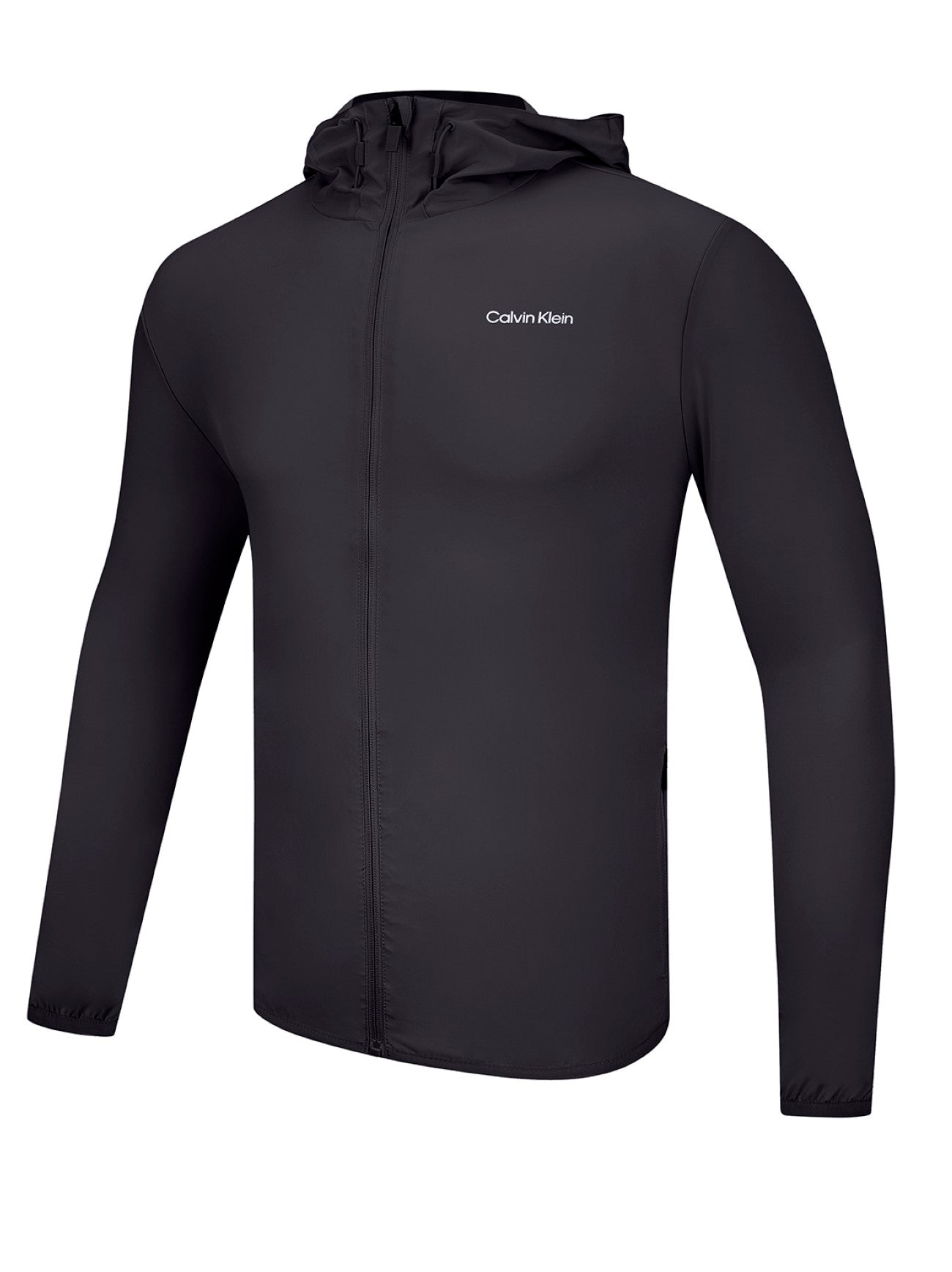 Mens Black Silver Hooded Full Zip Windbreaker