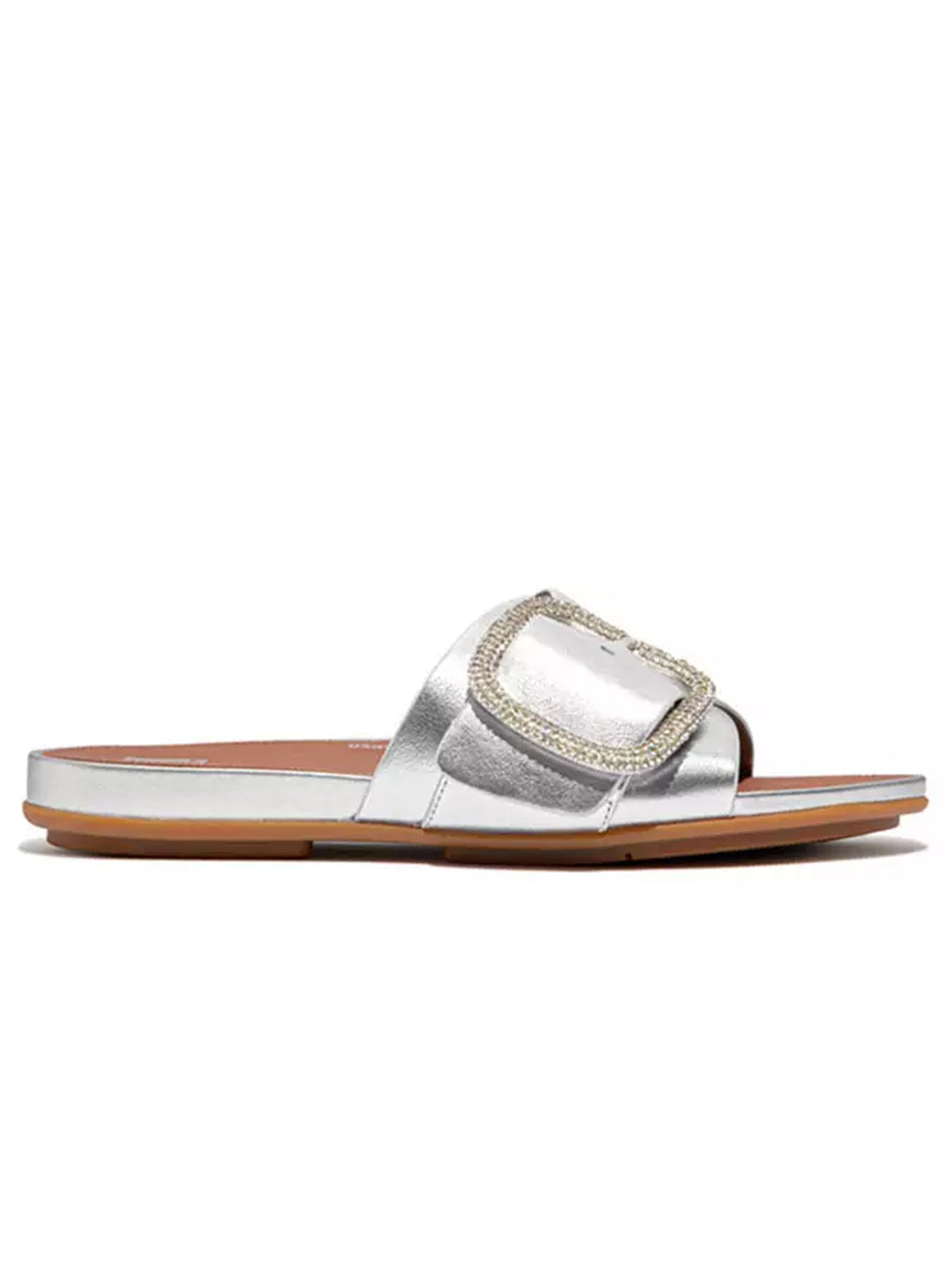 Womens Silver Gracie Crystal Buckle Metallic Leather Slide