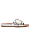 Womens Silver Gracie Crystal Buckle Metallic Leather Slide