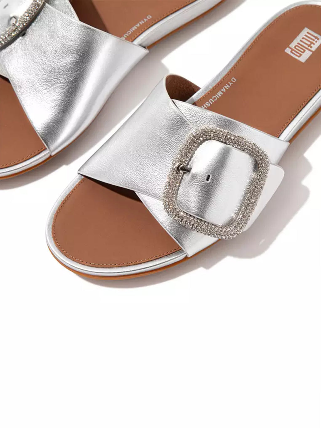 Womens Silver Gracie Crystal Buckle Metallic Leather Slide