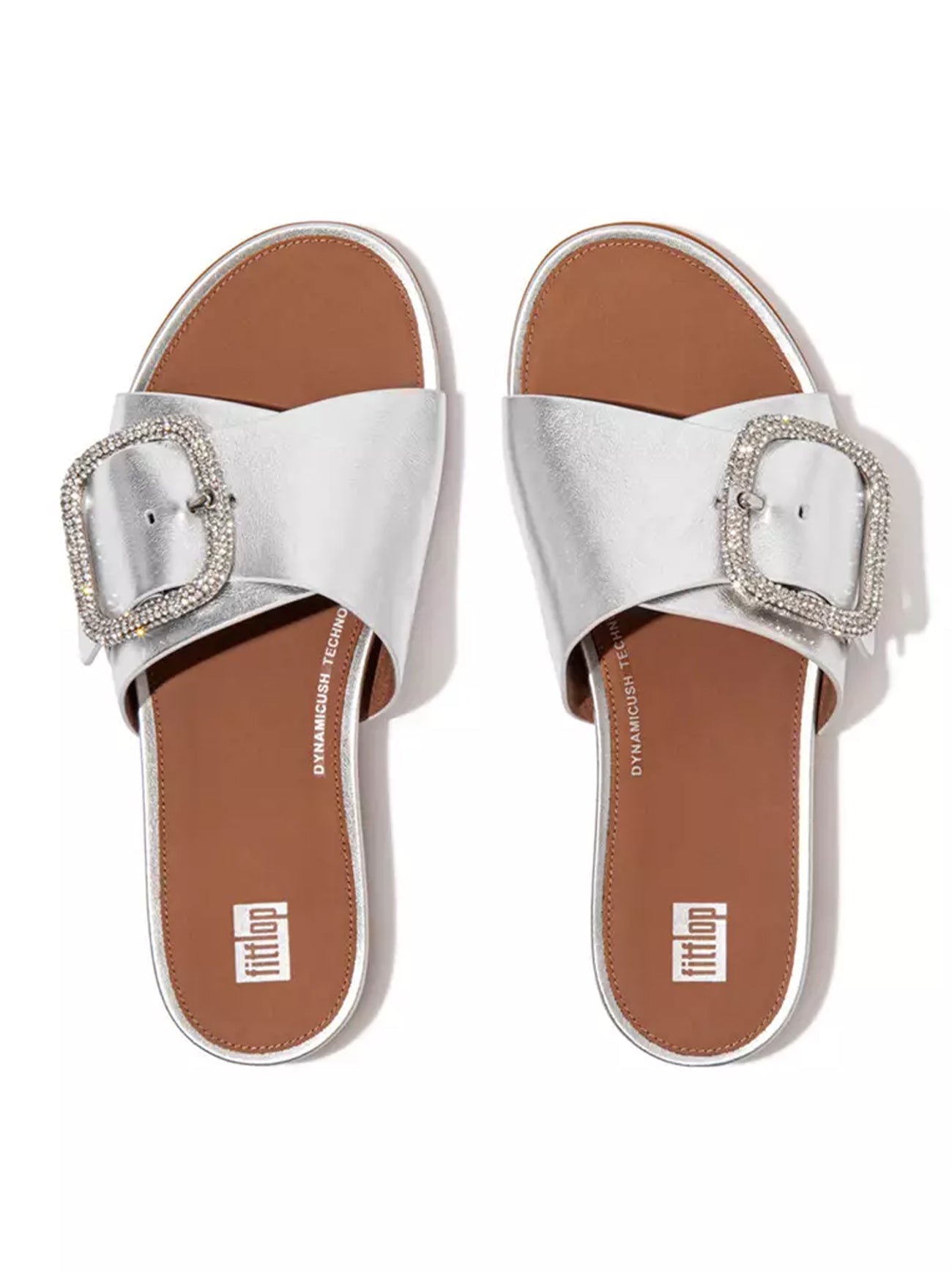 Womens Silver Gracie Crystal Buckle Metallic Leather Slide