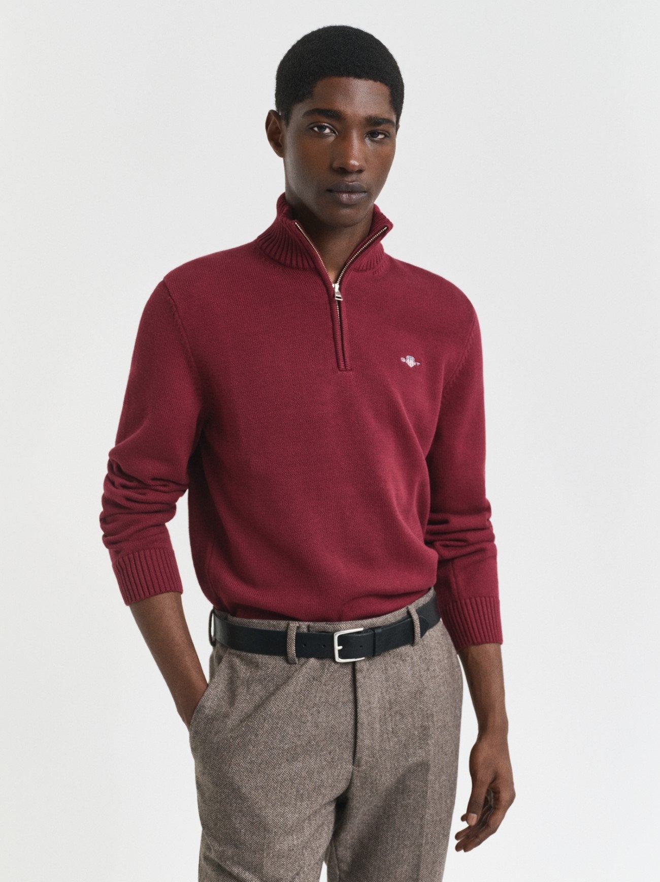 Mens Plumped Red Casual Cotton Half Zip Sweatshirt