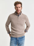 Mens Dark Sand Melange Casual Cotton Half Zip Sweatshirt