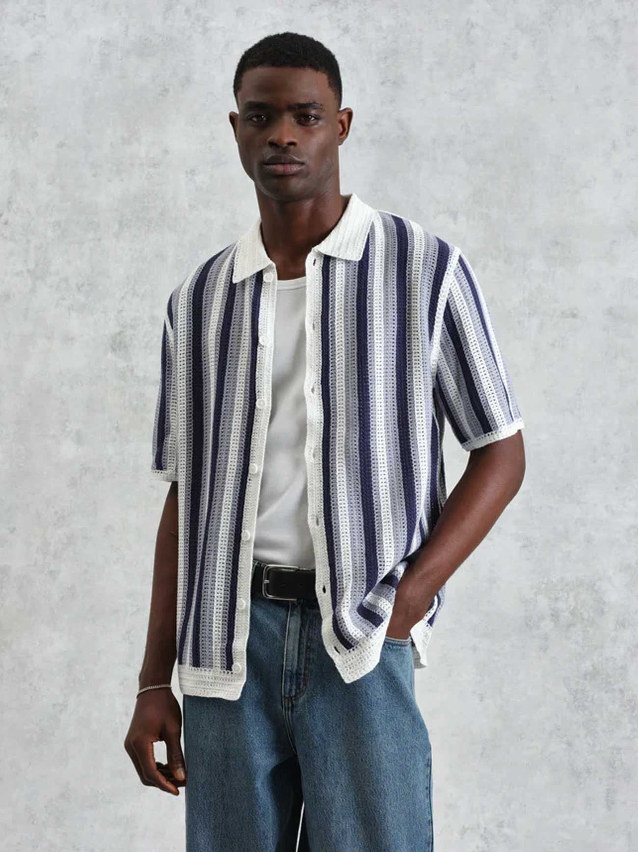 Mens Blue Ecru Stripe Crochet Porto Shirt