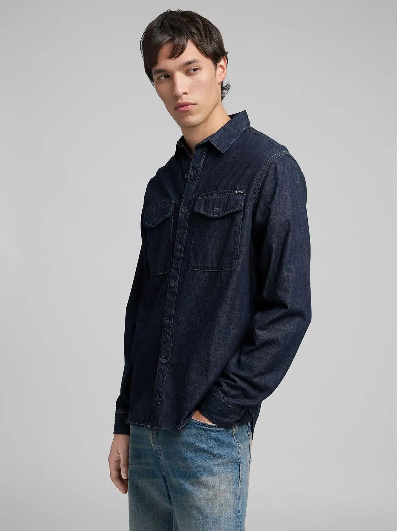 Mens Dark Blue Denim Shirt