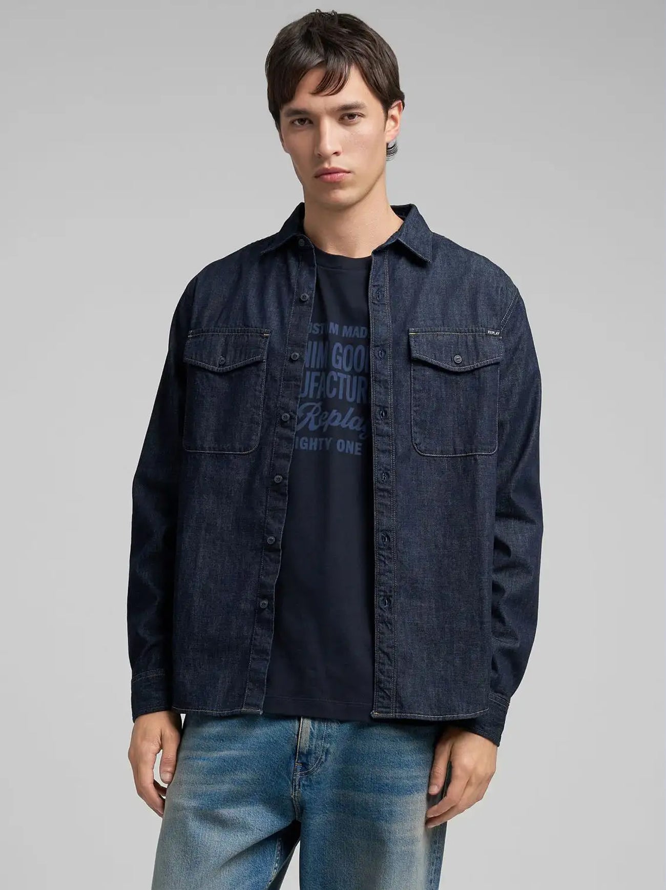 Mens Dark Blue Denim Shirt