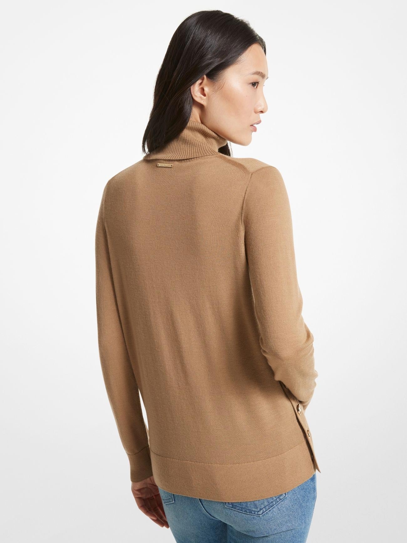 Womens Dark Camel Merino Button Slit Jumper