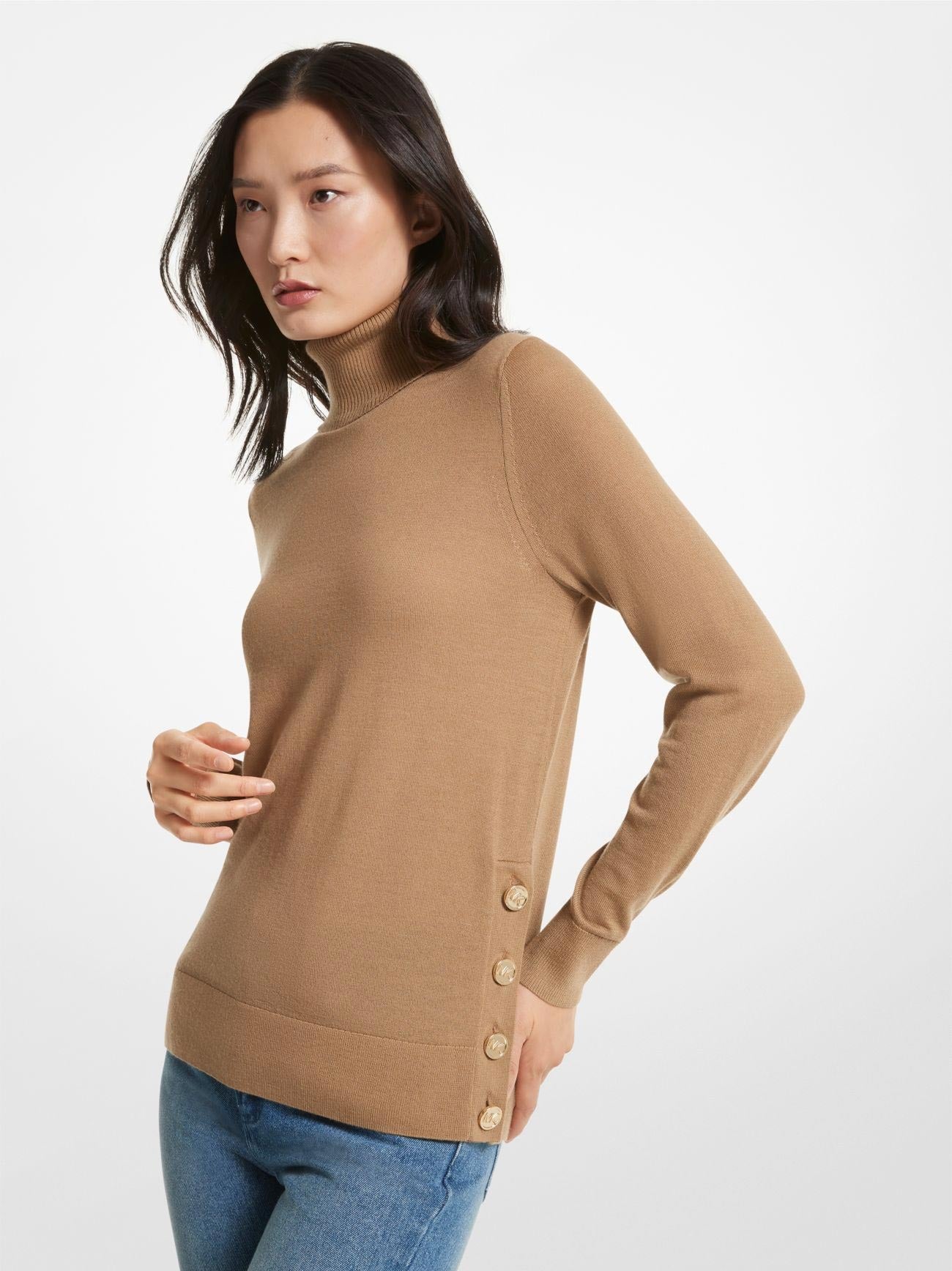 Womens Dark Camel Merino Button Slit Jumper