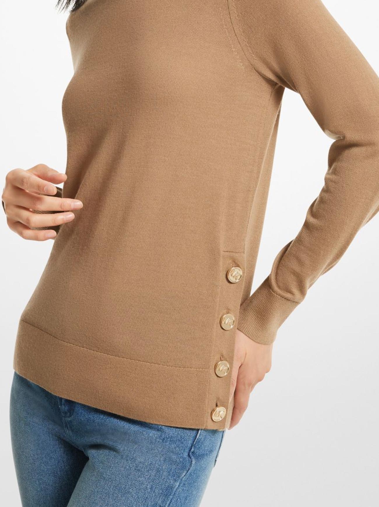 Womens Dark Camel Merino Button Slit Jumper
