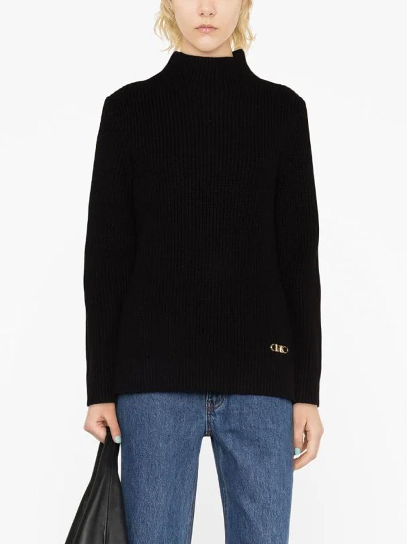 Womens Black Funnel Neck Jumper