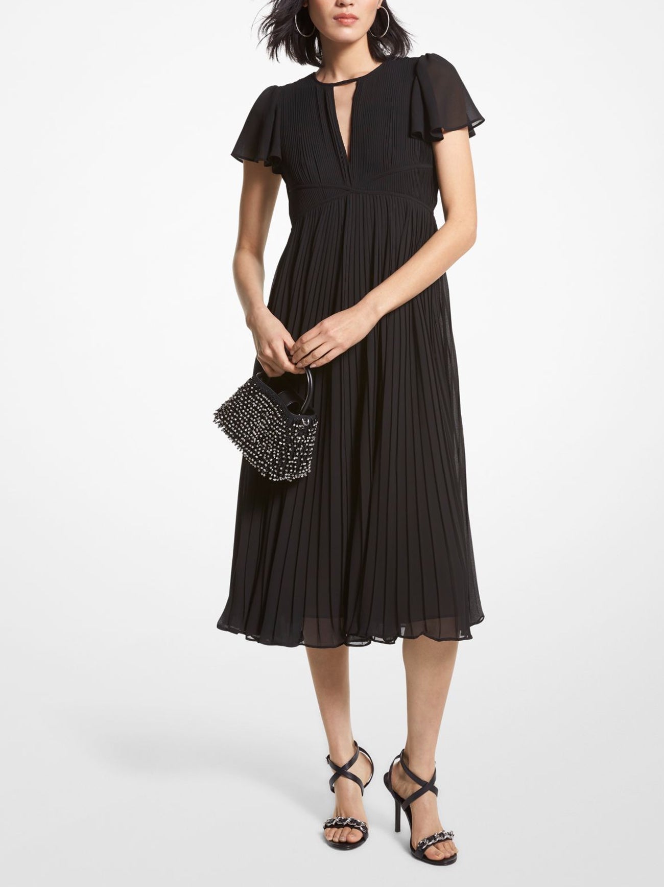 Womens Black Pleated Midi Dress