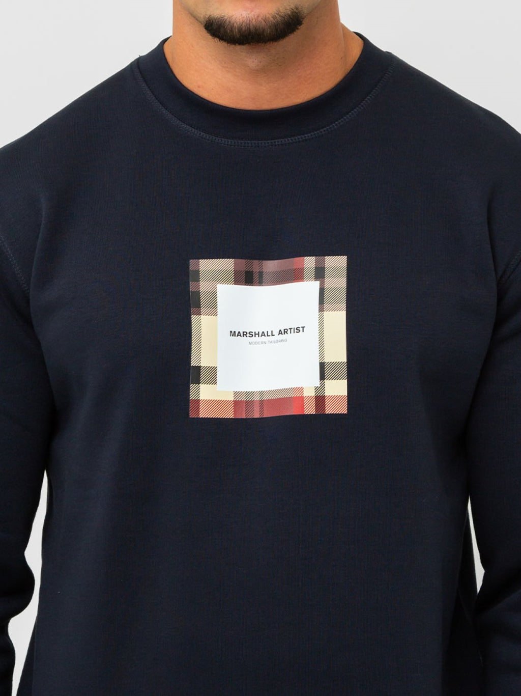 Mens Navy Carter Check Box Crew Neck Sweatshirt