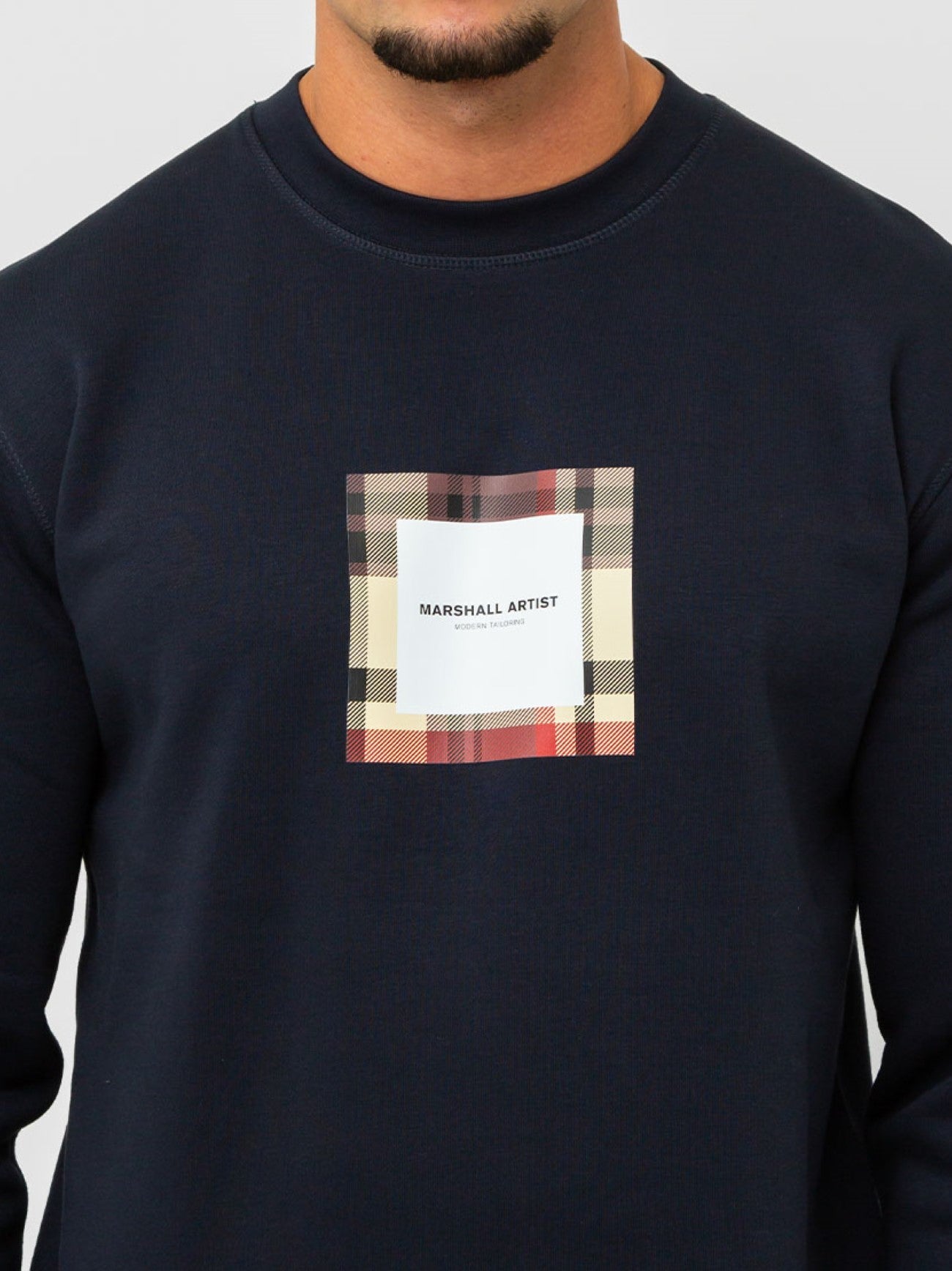 Mens Navy Carter Check Box Crew Neck Sweatshirt