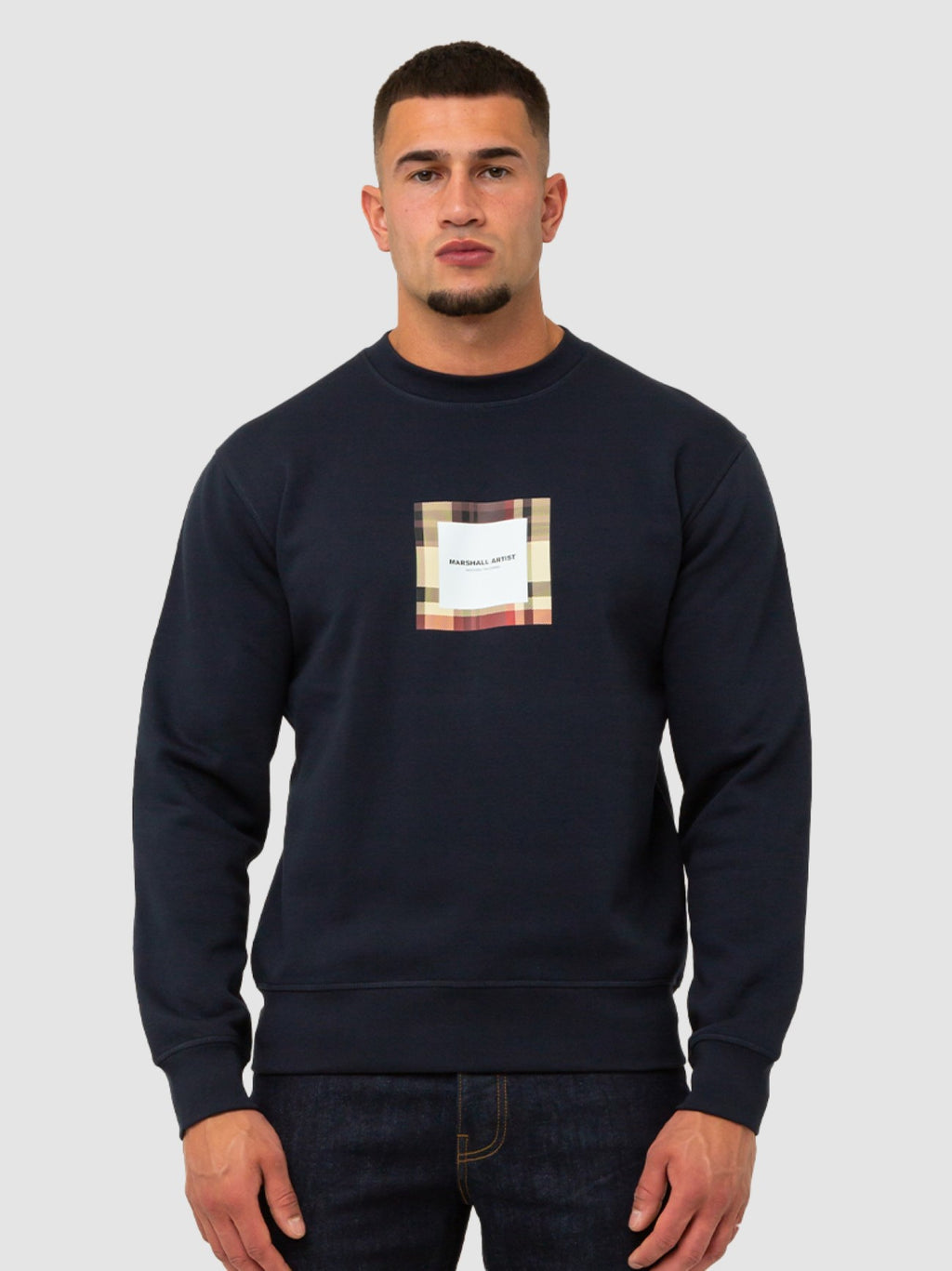 Mens Navy Carter Check Box Crew Neck Sweatshirt