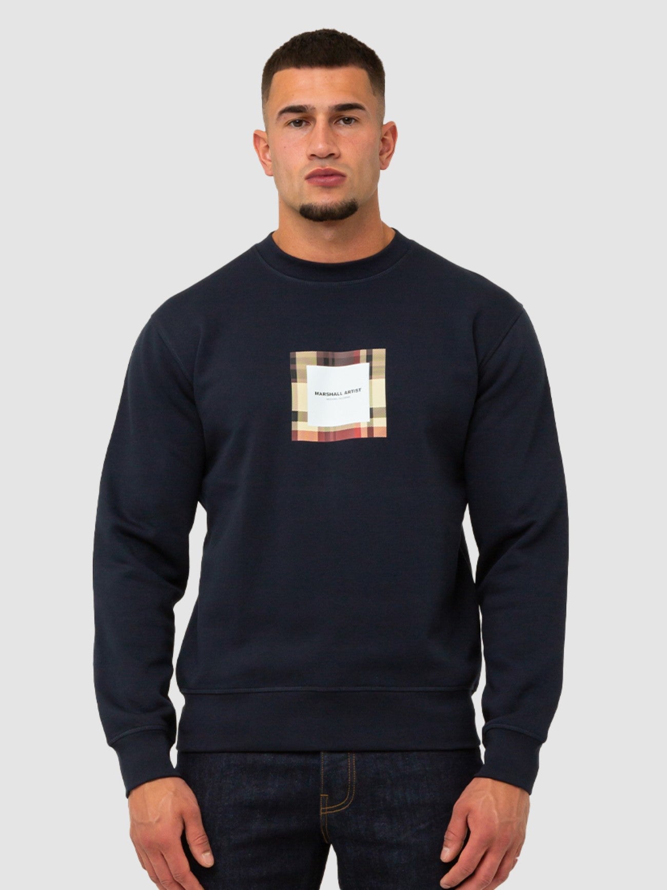 Mens Navy Carter Check Box Crew Neck Sweatshirt