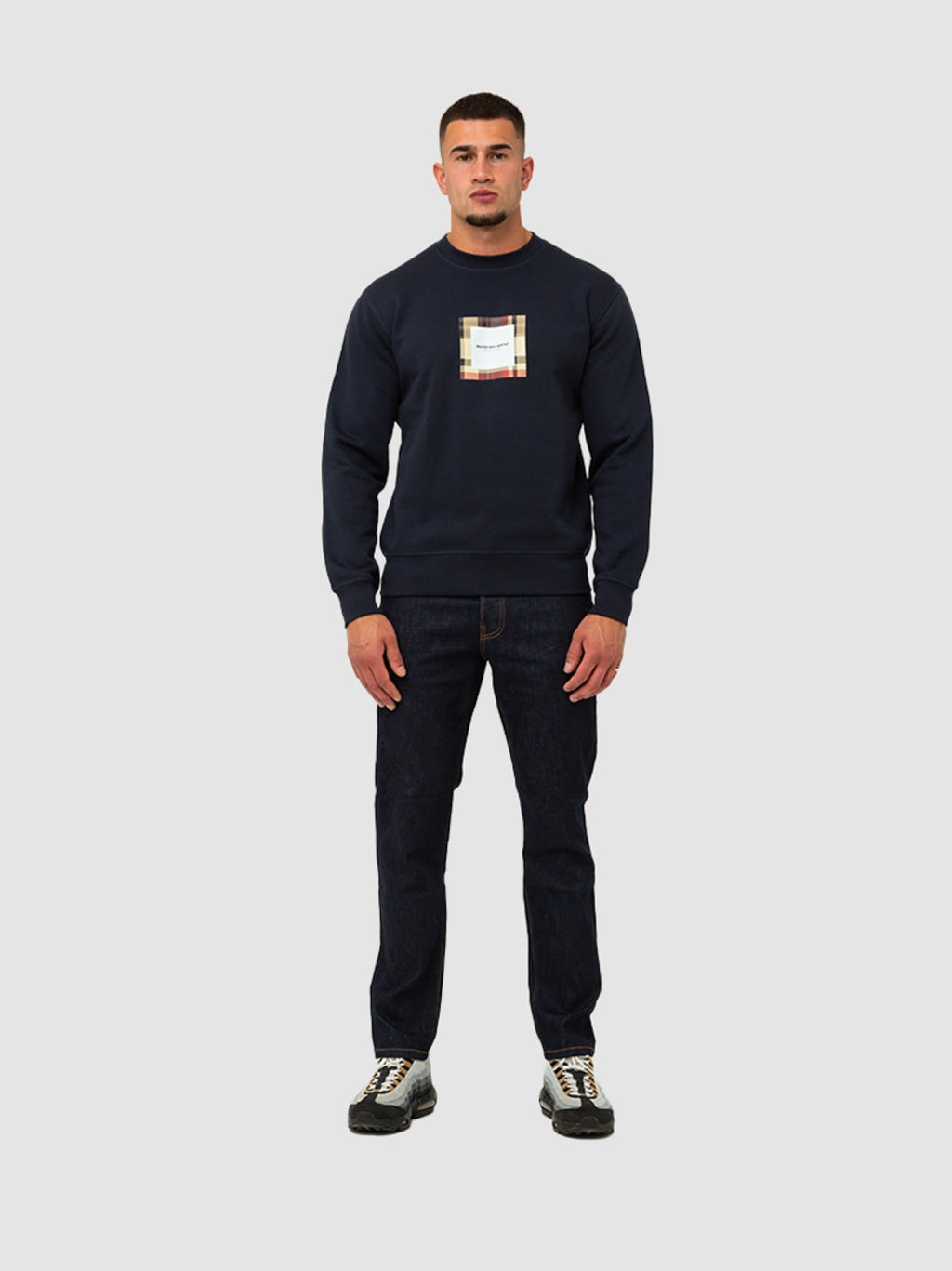Mens Navy Carter Check Box Crew Neck Sweatshirt