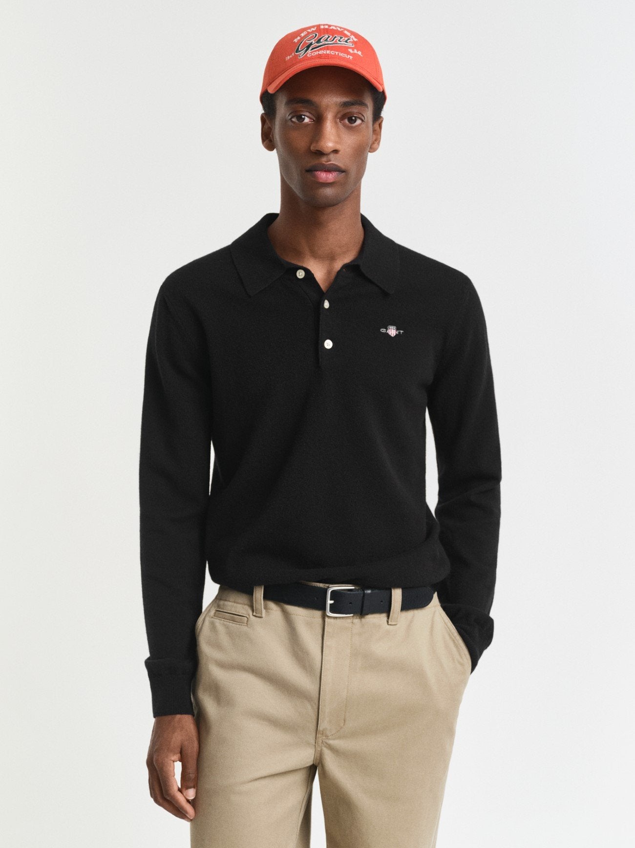 Mens Black Superfine Lambswool Polo Sweater
