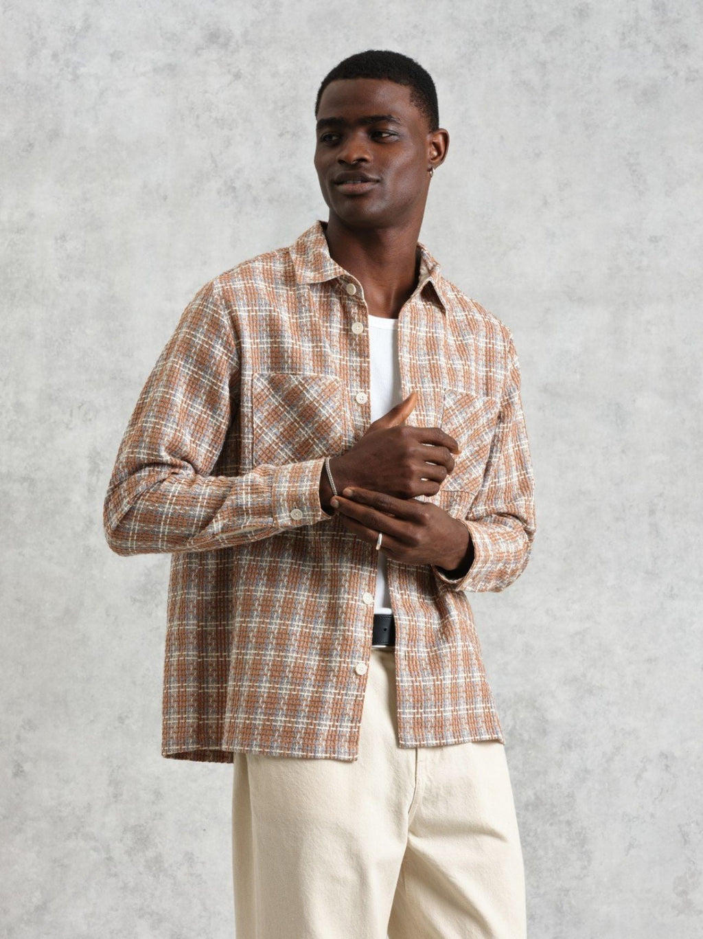 Mens Tan Multi Whiting Ladder Check Weave Overshirt