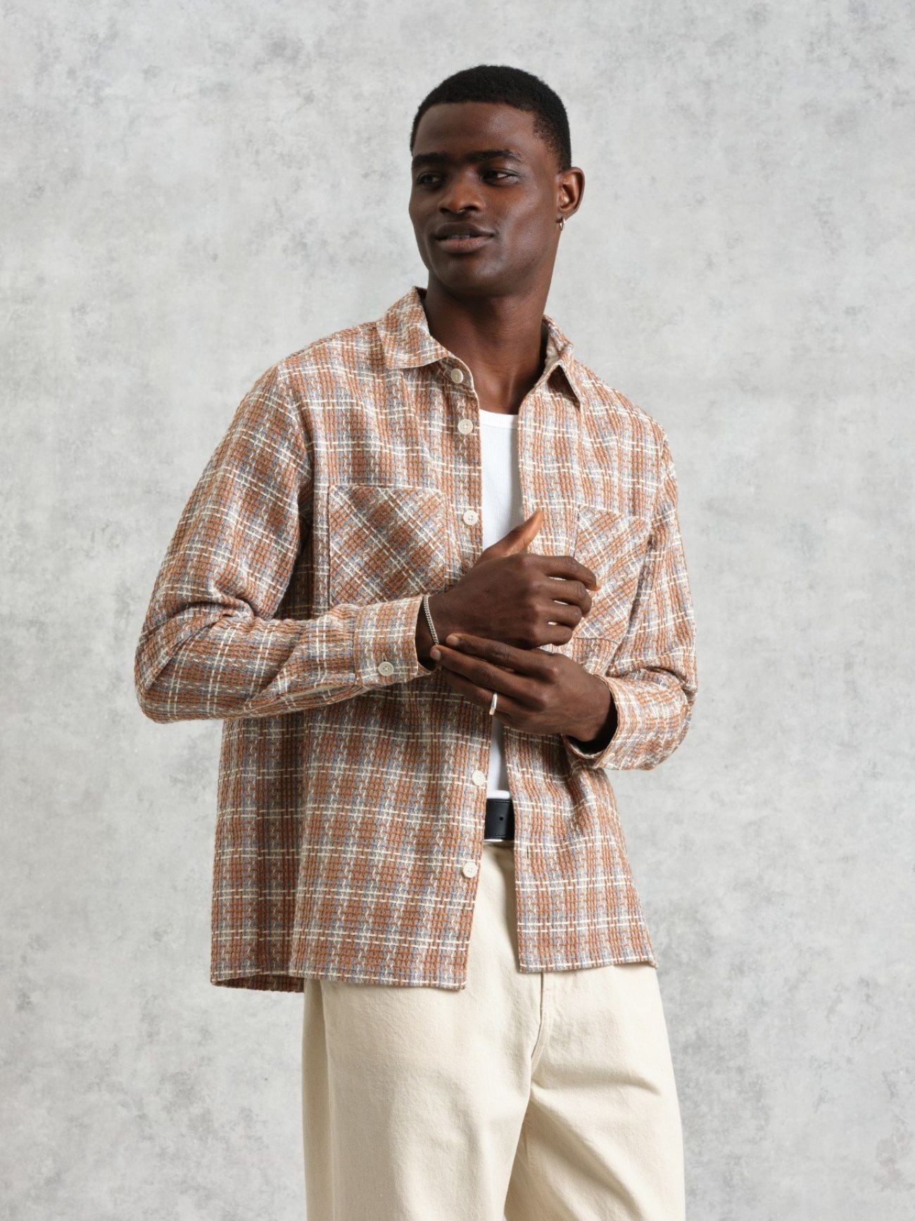 Mens Tan Multi Whiting Ladder Check Weave Overshirt