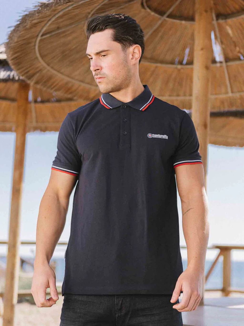 Mens Dark Navy White Red Twin Tipped Polo Shirt