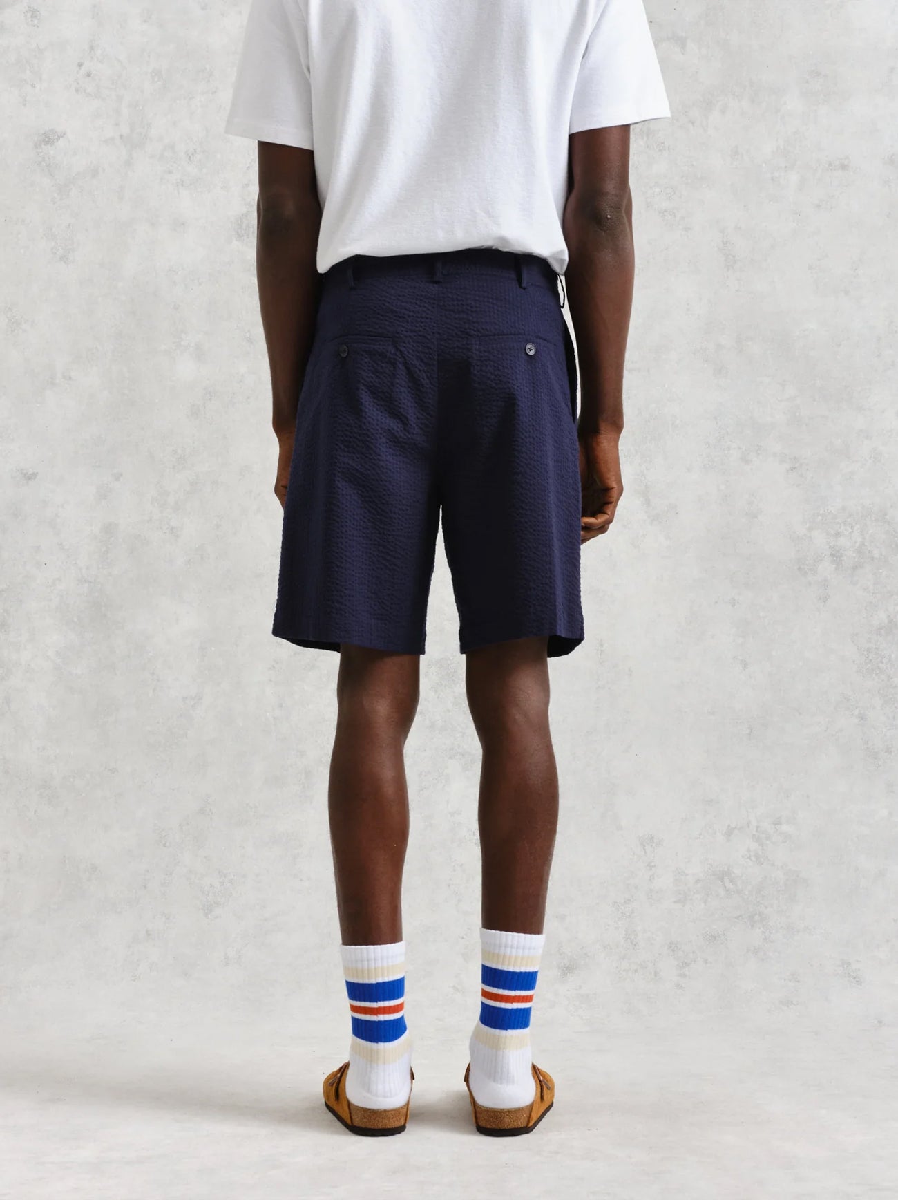 Mens Navy Cotton Seersucker Pleated Short