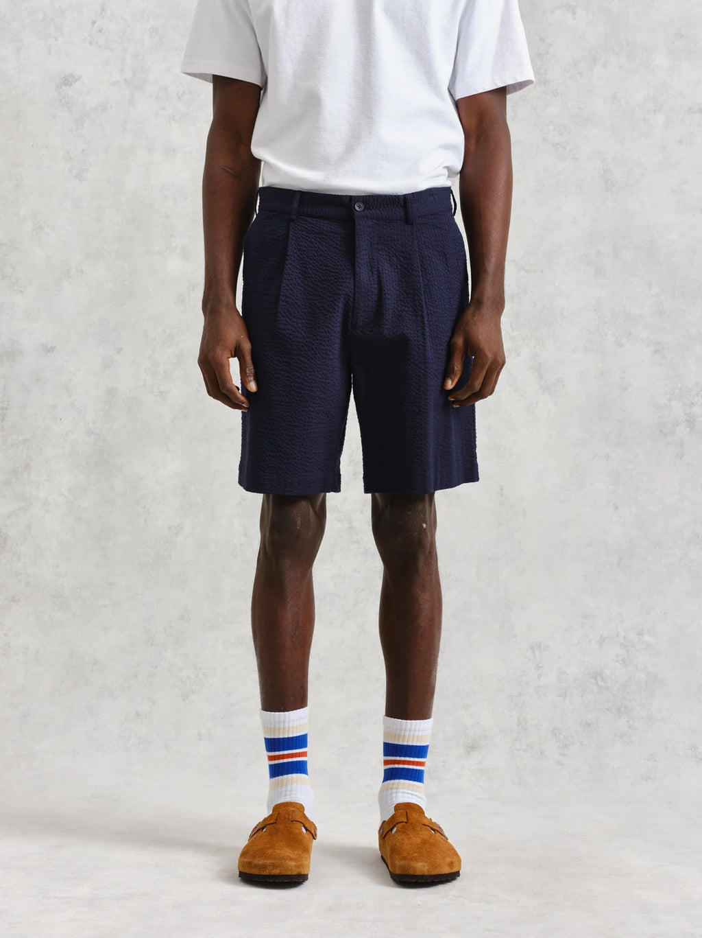 Mens Navy Cotton Seersucker Pleated Short