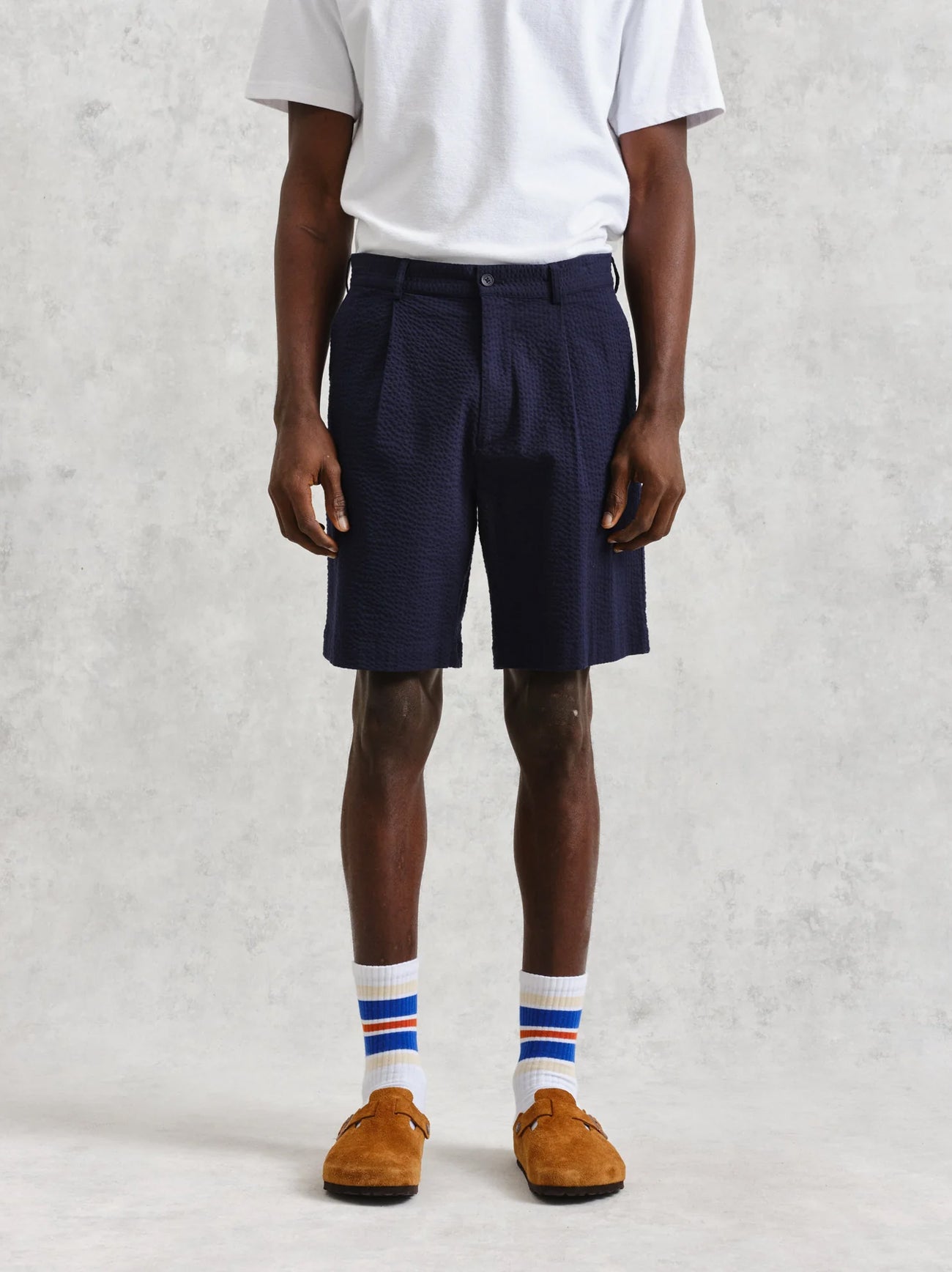 Mens Navy Cotton Seersucker Pleated Short