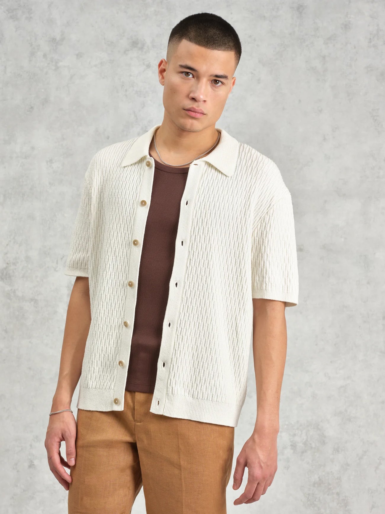 Mens Cable Ecru Tellaro Honeycomb Cable Shirt