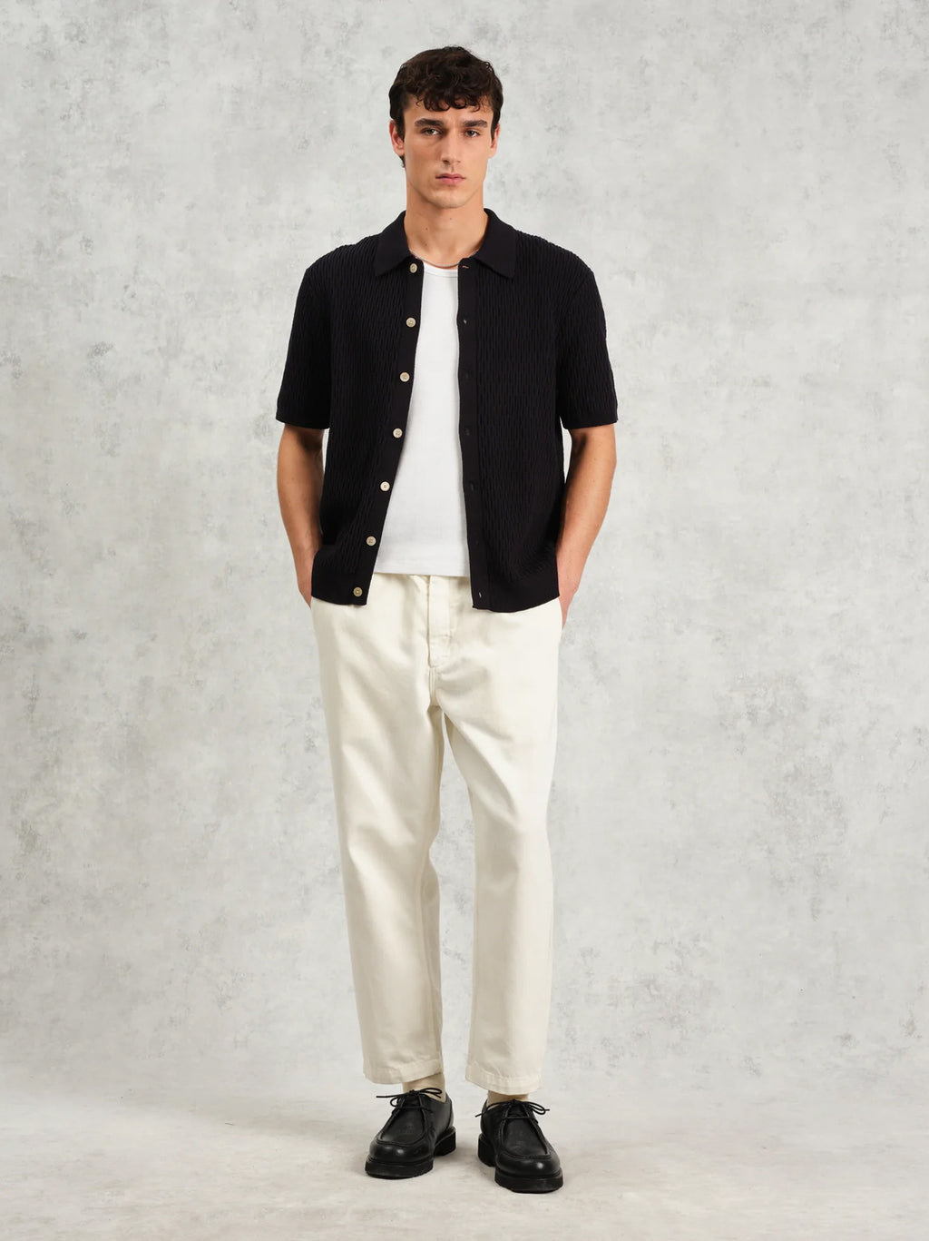 Mens Cable Navy Tellaro Honeycomb Cable Shirt