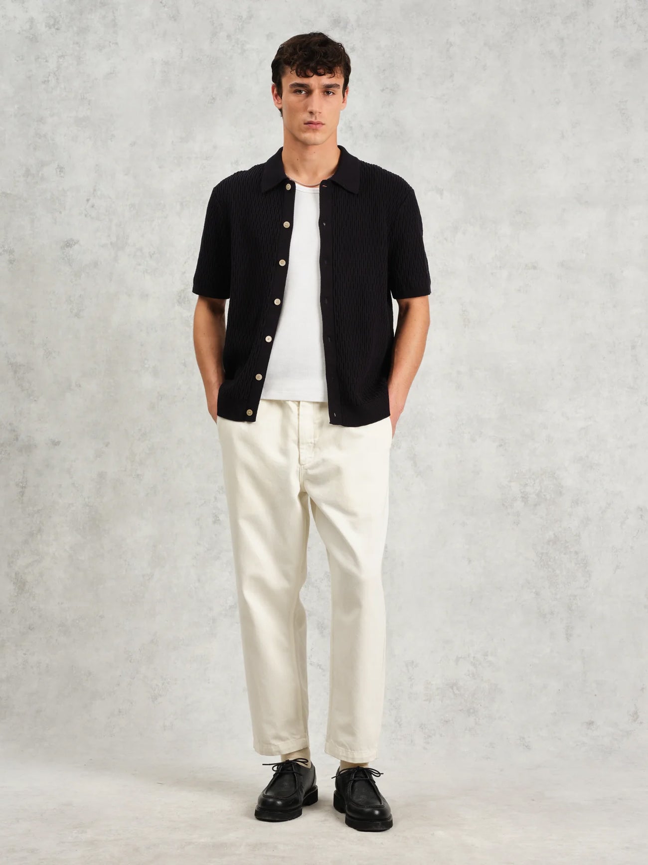 Mens Cable Navy Tellaro Honeycomb Cable Shirt