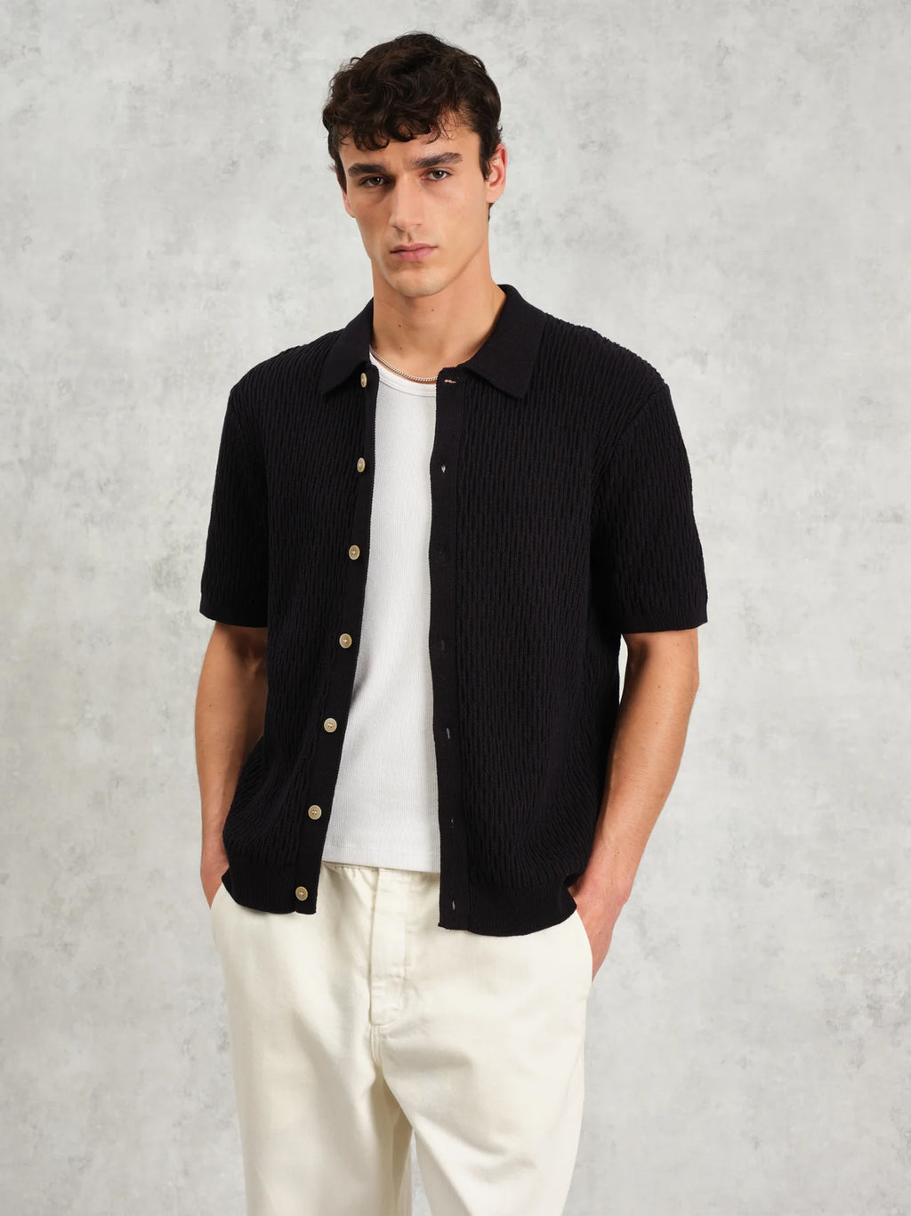 Mens Cable Navy Tellaro Honeycomb Cable Shirt