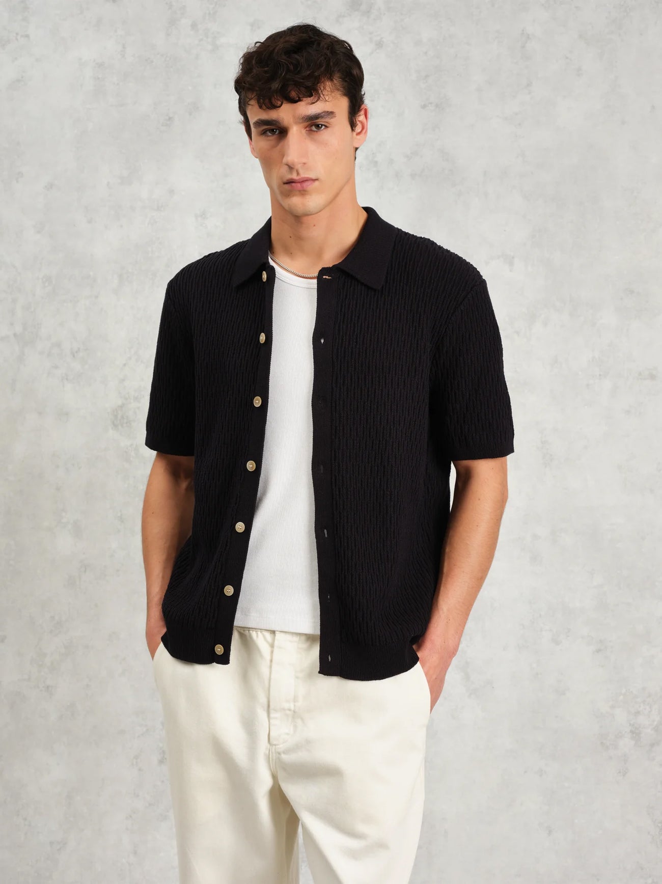 Mens Cable Navy Tellaro Honeycomb Cable Shirt