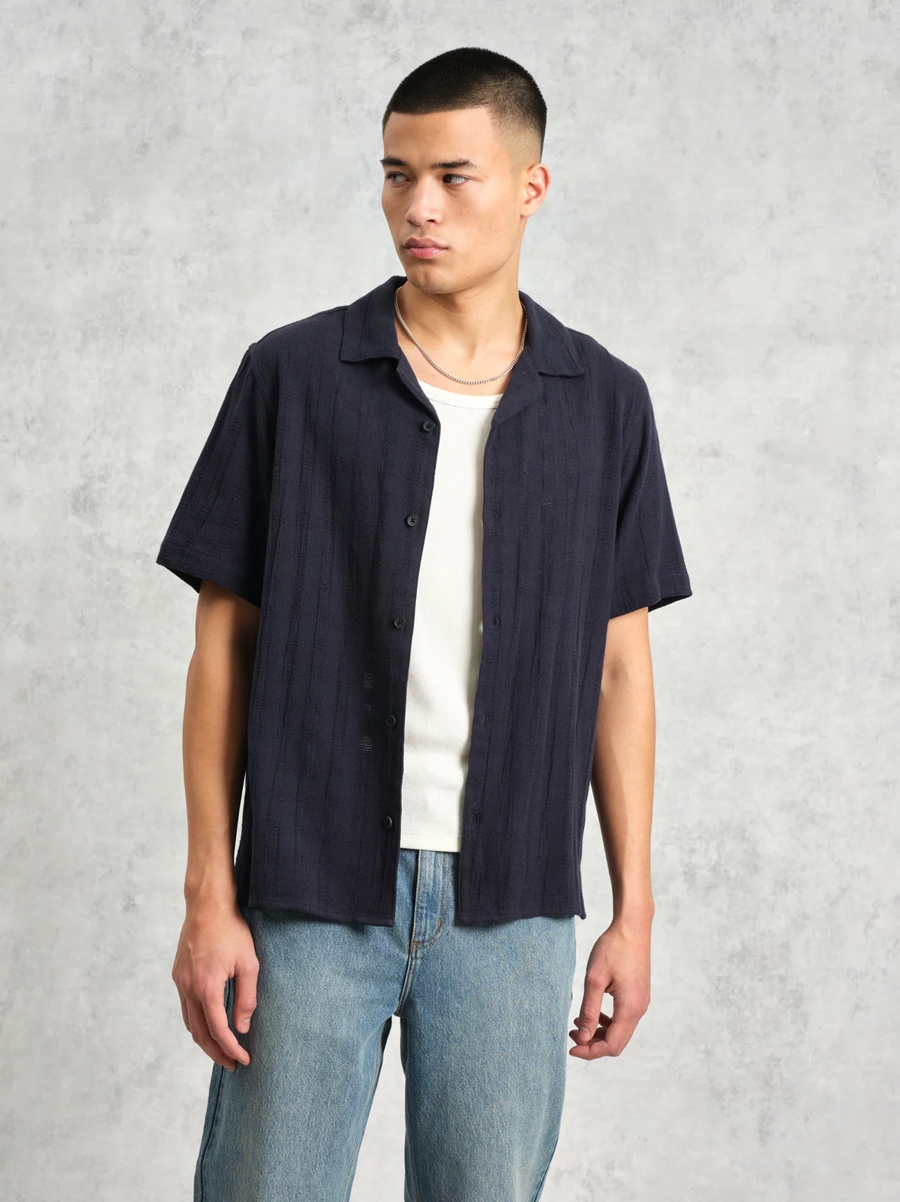 Mens Navy Didcot Open Weave Shirt