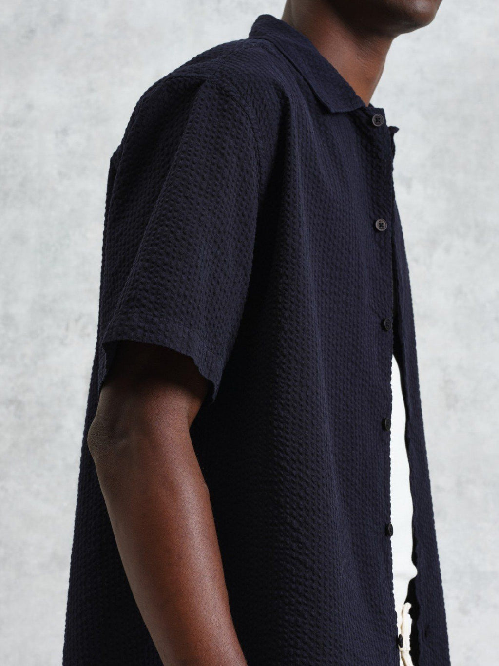 Mens Navy Keats Cotton Seersucker Shirt