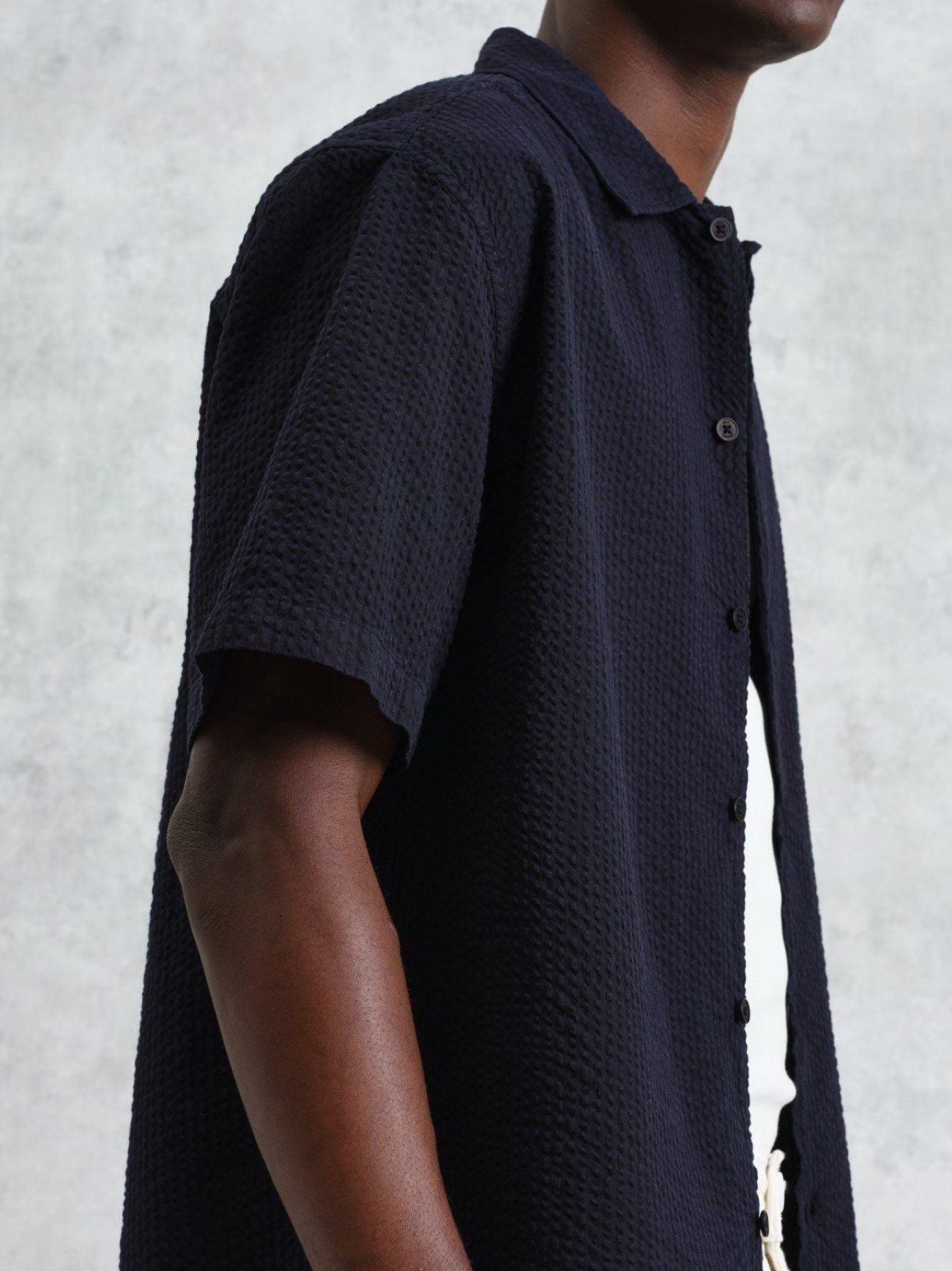 Mens Navy Keats Cotton Seersucker Shirt