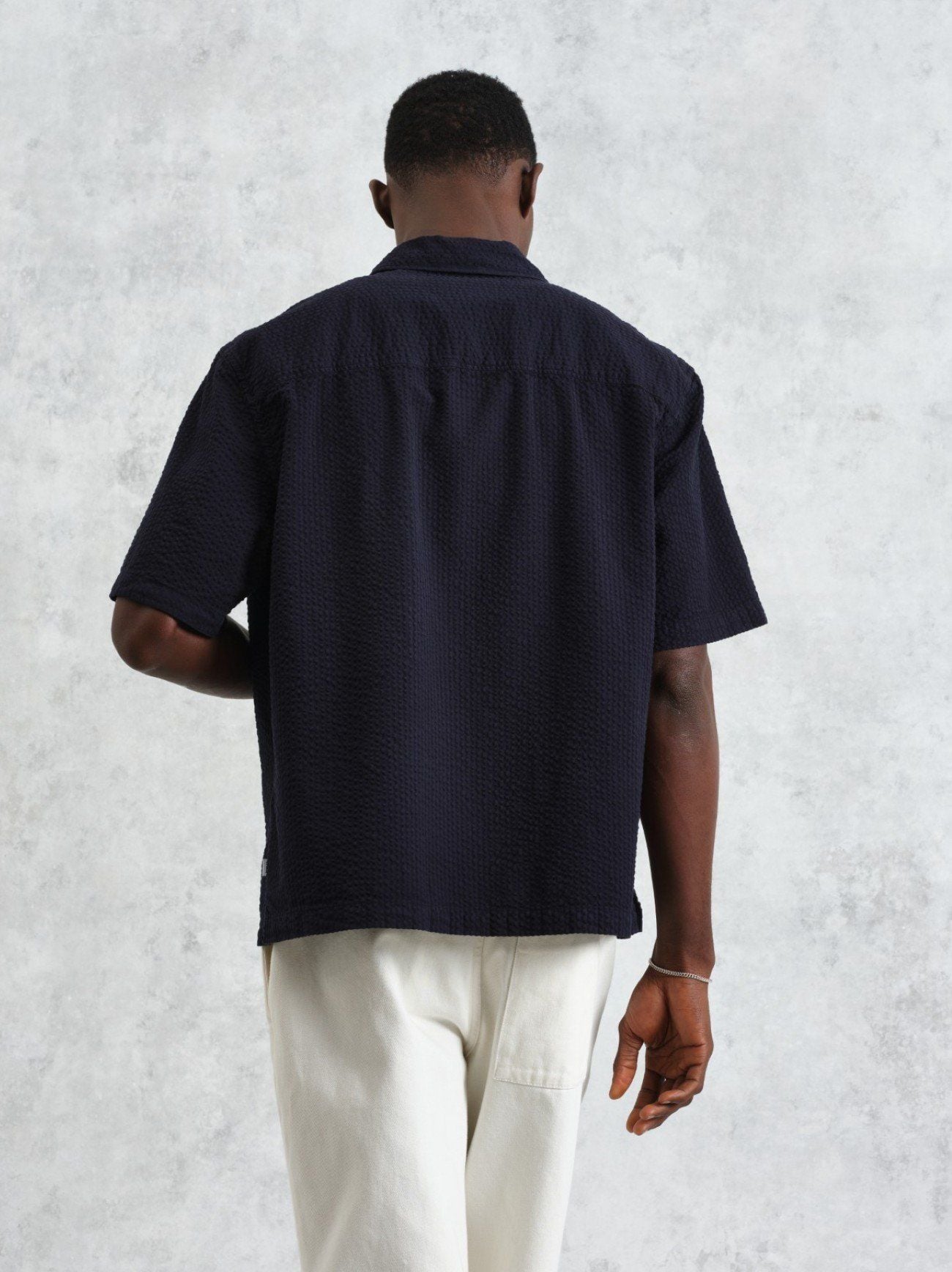 Mens Navy Keats Cotton Seersucker Shirt