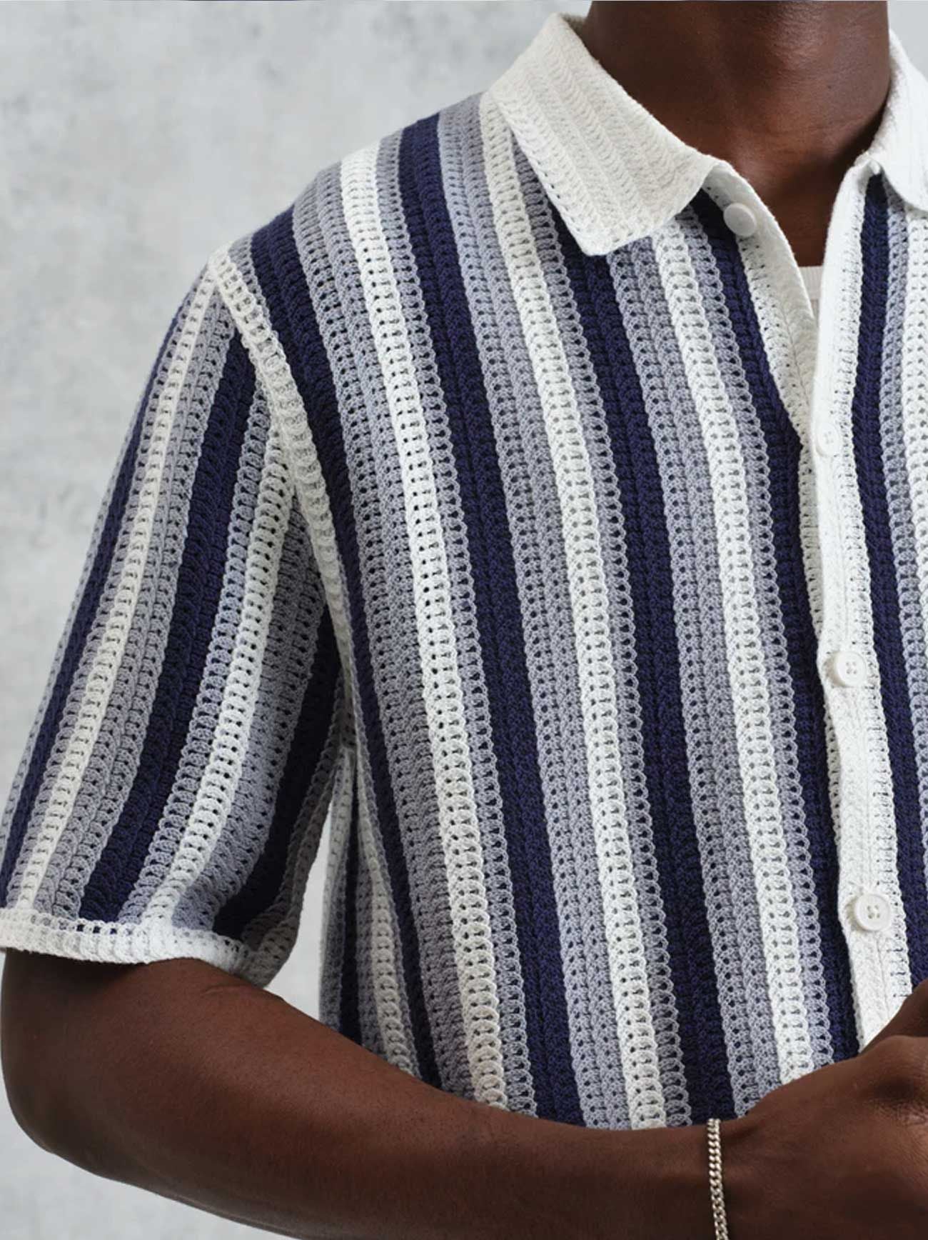 Mens Blue Ecru Stripe Crochet Porto Shirt