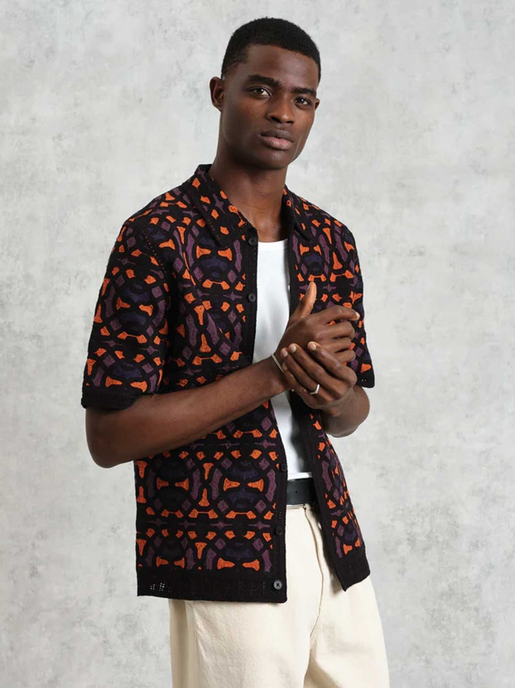 Mens Black Multi Geo Tile Crochet Dorset Shirt