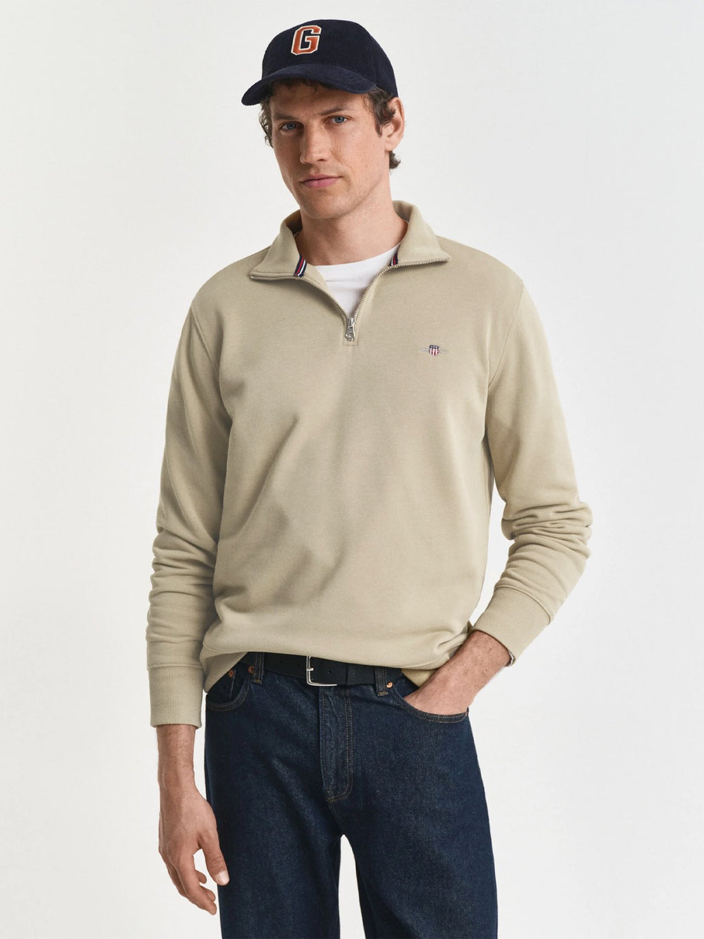 Mens Silky Beige Shield Half Zip Sweatshirt