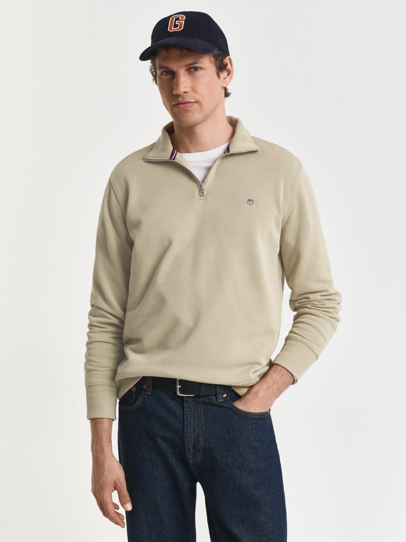 Mens Silky Beige Shield Half Zip Sweatshirt