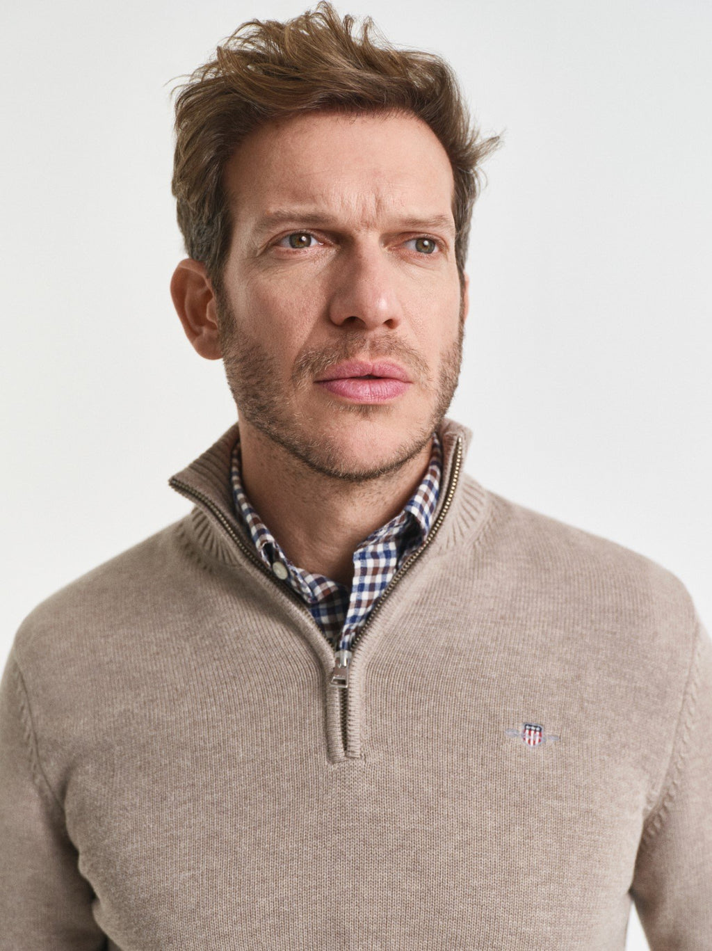 Mens Dark Sand Melange Casual Cotton Half Zip Sweatshirt