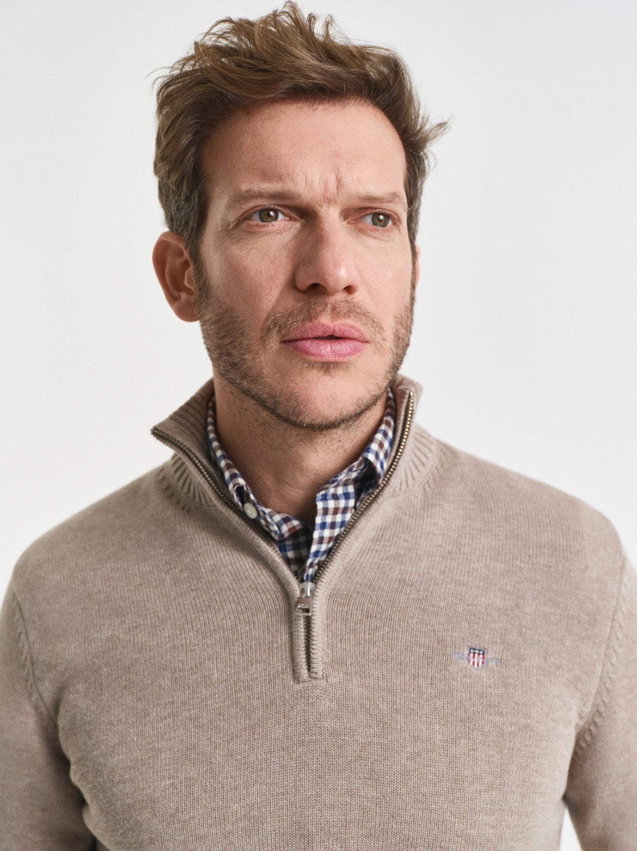 Mens Dark Sand Melange Casual Cotton Half Zip Sweatshirt