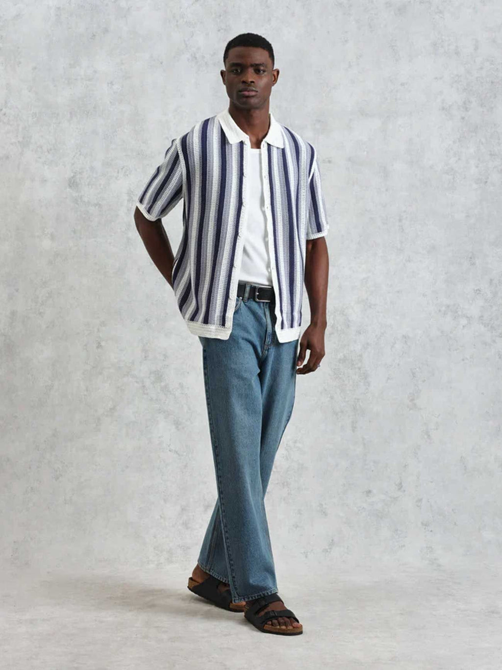 Mens Blue Ecru Stripe Crochet Porto Shirt